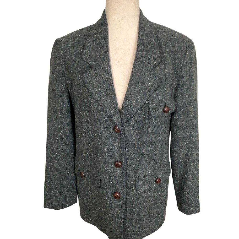 LL Bean Blazer Women 8P Green Tweed Preppy Heritage Fall Donegal USA Jacket